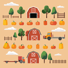 Vector set of illustrations pumpkin season. Pumpkins, barn, fence, clouds, etc. for print design or for blog
