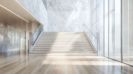 Obraz premium Empty hallway staircase stairwell landing oak hardwood floor glass partition hand rail texture background marble tile