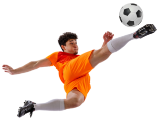 Professional football, soccer player in motion, man in orange football kit training isolated on white transparent background. Concept of sport, competition, active lifestyle, game