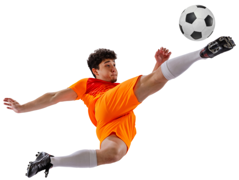 Professional football, soccer player in motion, man in orange football kit training isolated on white transparent background. Concept of sport, competition, active lifestyle, game