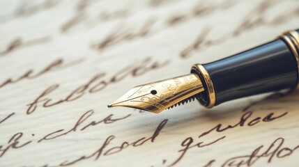 Fototapeta premium Timeless classic fountain pen resting atop a background adorned with elegant handwritten text