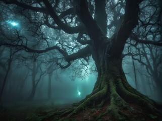 Misty Jungle with Dead Trees and Barren Branches Landscape