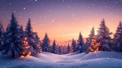 Fototapeta premium Enchanting snowy winter forest landscape with glowing lights illuminating the tall pine trees and a starry night sky in the background