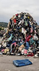 A pile of , T-shirts, and hoodies thrown by the highway in front of an industrial waste dump