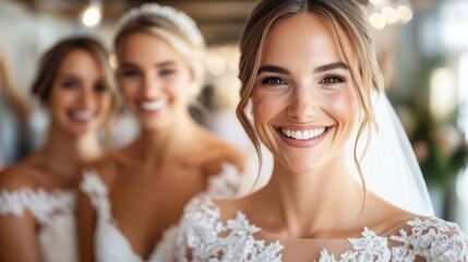 Fototapeta premium A beautiful bride in a stunning white lace dress shares a joyful moment with her bridesmaids, all grinning happily amidst a softly lit wedding setting.