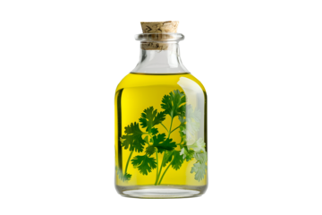 A clear glass bottle filled with olive oil, decorated with twine, accompanied by fresh bay leaves isolated on white transparent background.