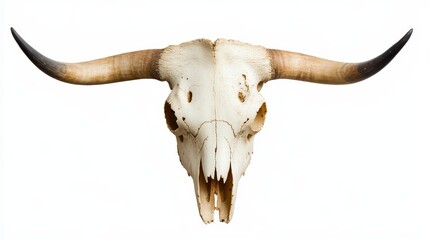 Bull cow skull with horns attached isolated on a white background.