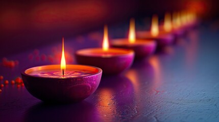 Diwali lamps hanging in a row on a purple background, vector illustration with copy space for text design