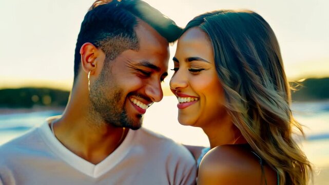 Young couple smiling barefoot in the sand at the beach, feeling free and happy