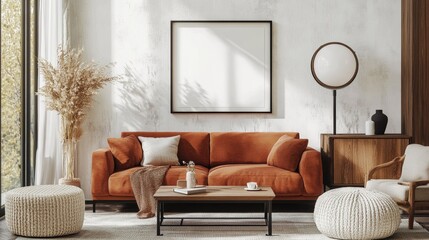 Stylish composition of living room interior with mock up poster frame brown sofa boucle armchair round pouf wooden sideboard slippers and personal accessories. Home decor. Template.