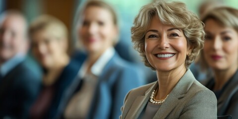 Obraz premium A confident and professional woman smiles warmly in a corporate setting. Her bright energy stands out among her peers. This image captures teamwork and leadership. AI