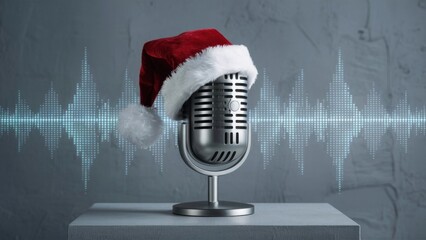 Santa hat-topped podcast microphone and digital waveform, creating cheerful and festive vibe. Perfect for Christmas podcasting, recordings, and media projects that capture essence of holiday season.