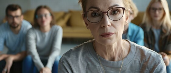 A mature woman with glasses introduces a group meeting, appearing earnest and engaged, with several attentive participants in the background.