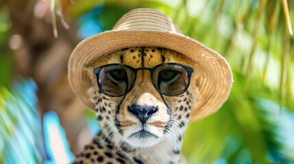 Relaxing cheetah with sun hat and sunglasses on beach.