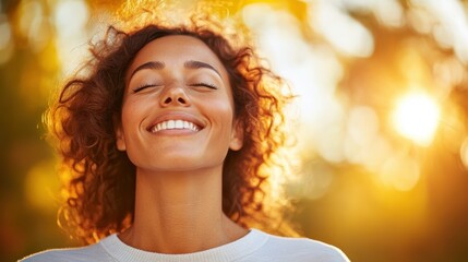 A woman with curly hair, dressed casually, stands outdoors warmly lit by the sun, eyes closed and smiling, embracing the pleasant feeling of sunlight on her face.