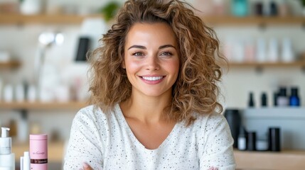 A woman with curly hair beams with a warm smile while standing in a light-filled cosmetic shop, creating a professional yet friendly ambiance among displayed products.