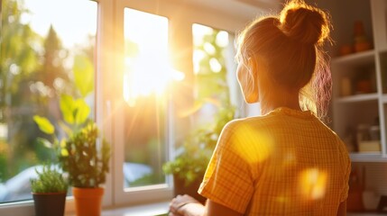 A woman gazes out of a sunlit window with various flowering plants on the sill, capturing a serene moment and a sense of peace and contemplation in a home environment.