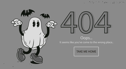 Retro style ghost, bats. Oops, Error 404, page not found, system error concept. Website, browser failure, popping window, problem template. Hand drawn Vector illustration