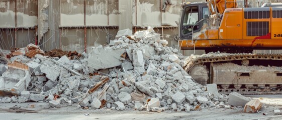Demolition site with a pile of concrete rubble and a large orange excavator, capturing the raw force of urban development.