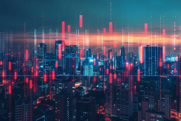 The image depicts a city skyline at dusk with a futuristic overlay of glowing red and blue lights, reflecting a vibrant digital data visualization of financial market trends in an urban landscape