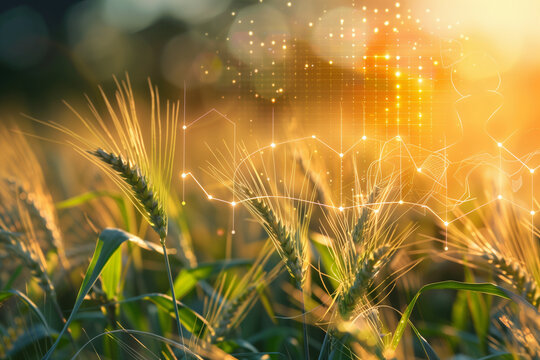 Vibrant wheat field bathed in golden sunlight, overlay of digital network lines hinting at futuristic agricultural technology, blending natural landscapes with advanced data analytics