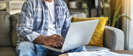 A man in casual wear types on a laptop while sitting on a couch, surrounded by paperwork, embodying a home-based work atmosphere.
