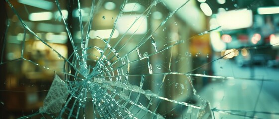 A close-up shot of shattered glass in a window, reflecting the bustling lights of a city street behind it, creating a dramatic and chaotic atmosphere.
