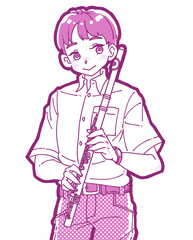 フルートを持つ笑顔の男の子のイラスト