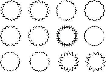 Set of scalloped seal round price emblem badge line vector design. Wavy edge round shapes icon collection