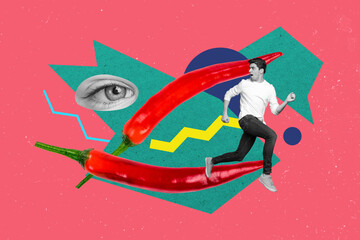 Creative drawing collage picture of funny man running pepper chilli avoid danger eye watching weird freak bizarre unusual fantasy