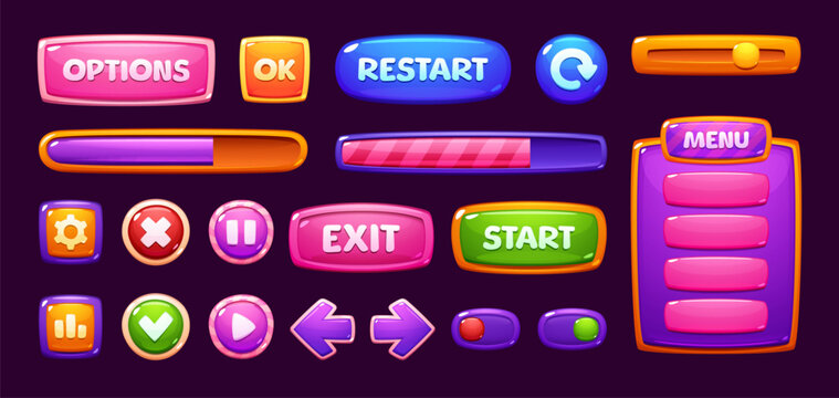 Candy sweet game interface. Cartoon vector menu windows, options, settings, plates with ui buttons, progress bars and gui elements. Glossy user panels with lollipop slider, 2d app design templates set