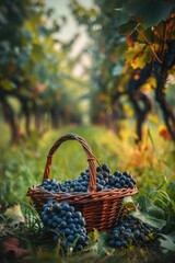 Wine glass grape with background of grape plantation winery
