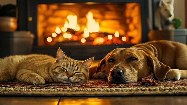 A cat and dog, relaxing together on a rug in front of a cozy fireplace. The warm ambiance suggests an evening setting inside a comfortable home. Both animals appear content, basking in the glow of
