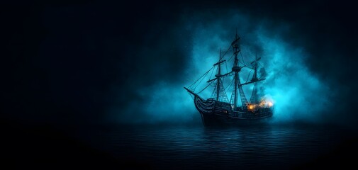 Fototapeta premium A Haunted Pirate Shipwreck Glows Mysteriously Beneath Waves, Capturing the Essence of Ghostly Lore. Halloween Pirate Concept