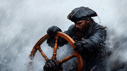 Obraz premium A fierce pirate captain struggles at the helm during a storm, water splashing around amid dark skies. The intense atmosphere conveys determination and bravery amidst chaos.. Halloween Pirate Concept