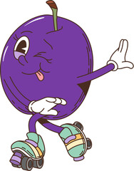 Cartoon groovy plum retro character. Isolated vector vintage ripe fruit personage wearing gloves and roller skates, striking a fun pose with a playful expression, sticking out its tongue and winking