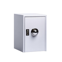 A secure and stylish white safe with a shiny knob, perfect for storing valuables and important documents.