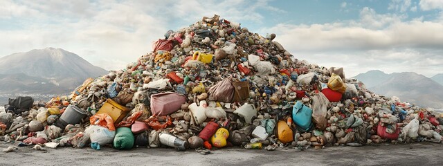 Fototapeta premium A pile of , T-shirts, and hoodies thrown by the highway in front of an industrial waste dump