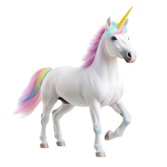 Naklejka premium A vibrant unicorn with a rainbow mane and golden horn, exuding magic and beauty. Perfect for fantasy-themed projects.