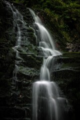 Fototapeta premium Serene waterfall cascading down moss-covered rocks in a lush forest setting