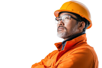 Confident construction worker in safety gear, looking upward. Represents strength and determination in the workplace.