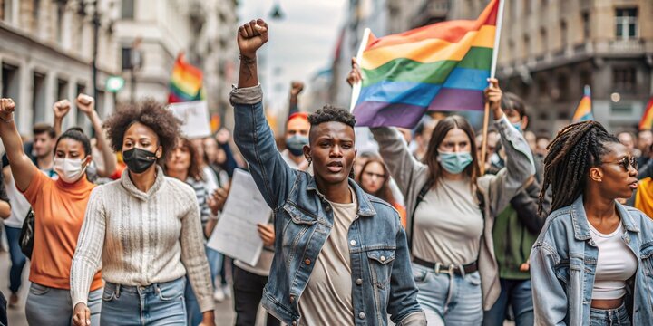 Diverse Crowd Marching in LGBTQ+ Pride Protest. A diverse group of people passionately marching in a city street during an LGBTQ+ pride protest.