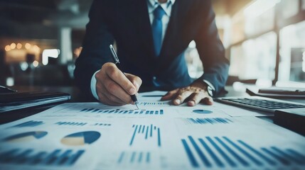 Closeup of a businessman's hand analyzing graphs and charts, with a laptop and pen on a desk in a modern office setting.