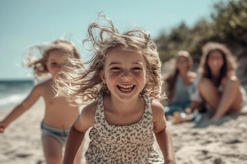 Little girl plays with other children, they are chasing each other on the beach, the parents are sitting and having a picnic in the background