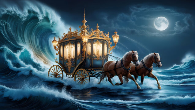 Horse drawn carriage in the ocean