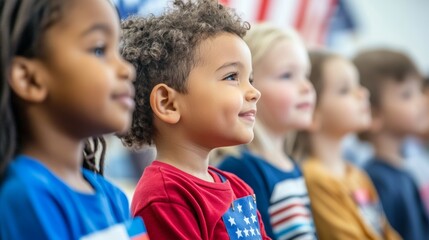 Children say pledge of allegiance to the American flag in pre nursery school.