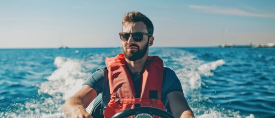 A man in a red life jacket driving a boat on a sunny day, enjoying the thrill of adventure on the open blue sea.