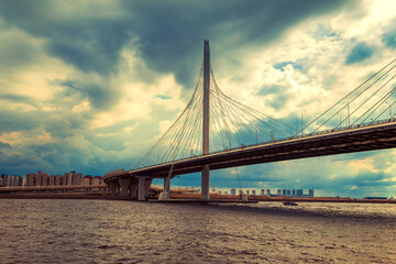 Cable-stayed road bridge across the Korabelny fairway of the Gulf of Finland.