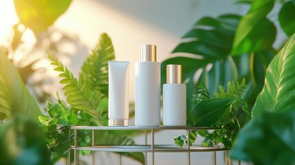 Elegant metal podium surrounded by greenery, showcasing modern, minimalist moisturizer bottles with soft light, blending nature with sleek design, plant beauty presentation
