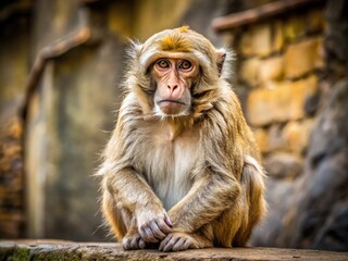 A disheveled, wrinkled monkey with a misshapen face, crooked teeth, and matted fur sits alone on a weathered stone wall, looking utterly miserable and forlorn.